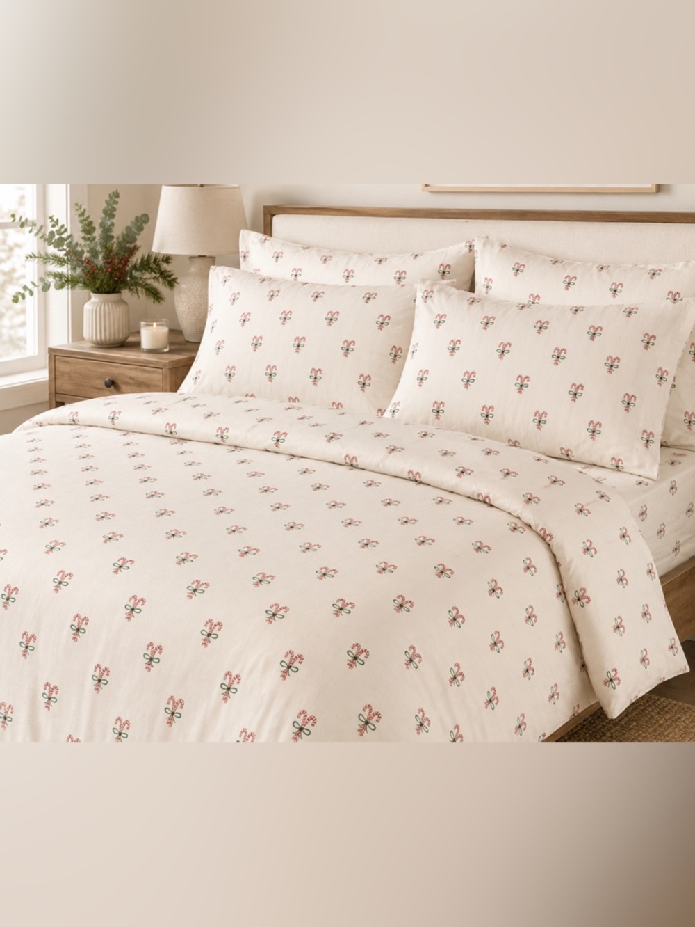 Candy Cane Print Christmas Cotton Sateen Cream Queen Bedding Set